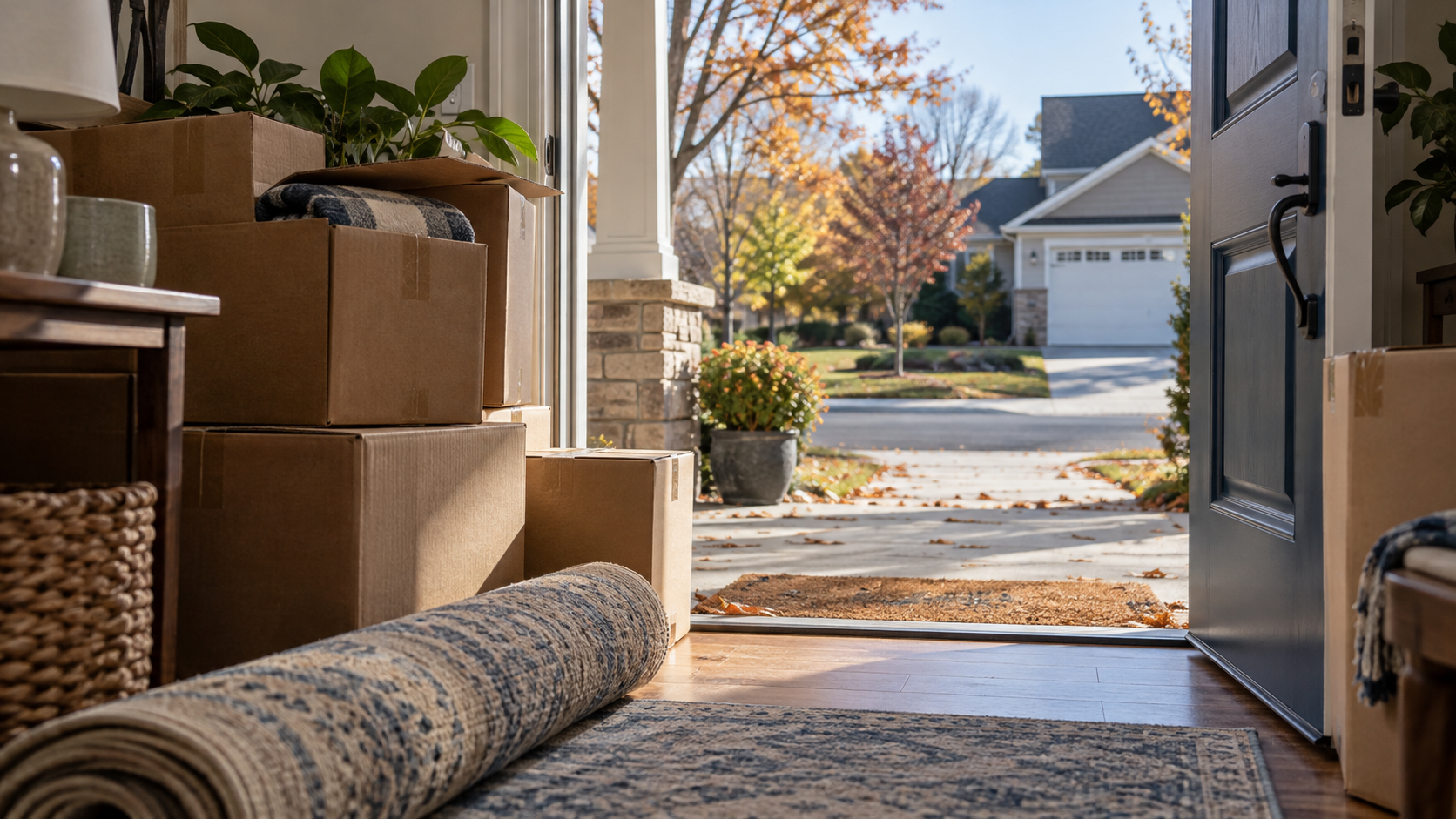 Illustration of moving boxes and a rolled rug beside an open front door.