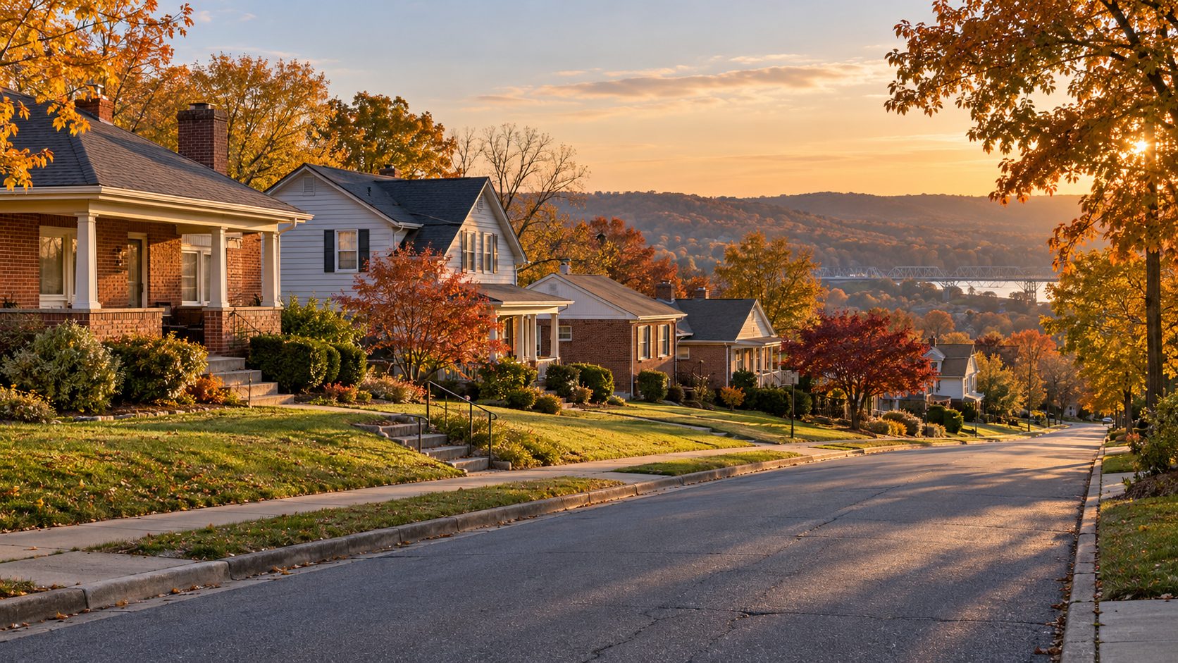 Illustration of a residential street with modest homes and autumn trees, representing a Campbell County home search